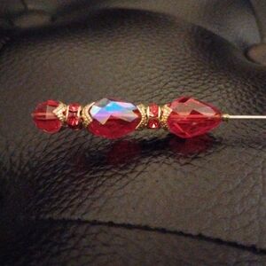 Elegant Red Radiant Beaded With Gold Accents Hat Pin Length ~ 5.5'